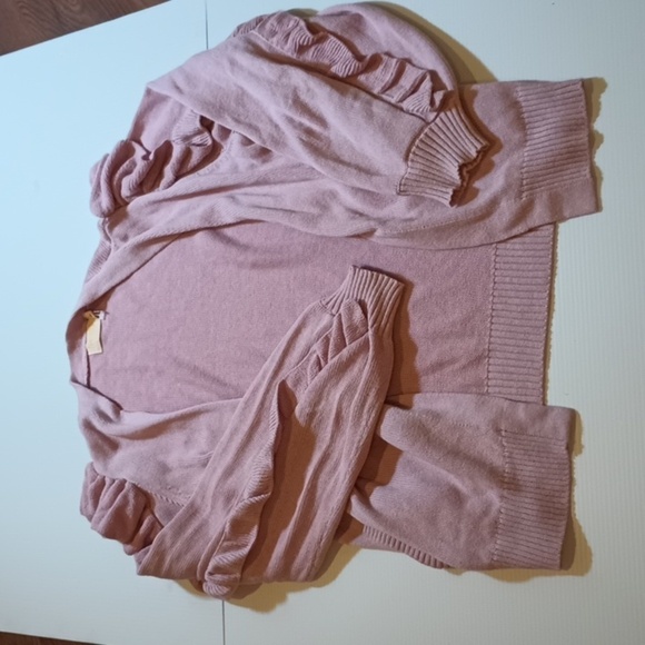 Nation Dusty Mauve Pink Ruffle Sleeve Open Front Knit Cardigan A20 - Picture 1 of 6
